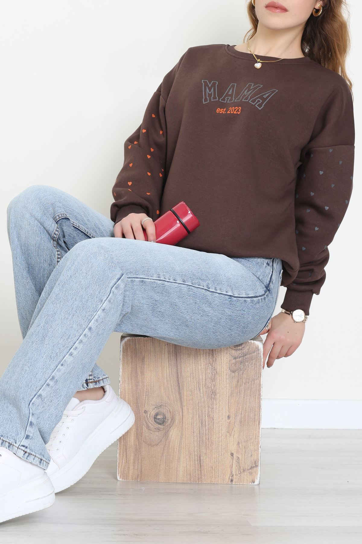 3 İplik Bisiklet Yaka Sweat Kahve - 42238.1878.