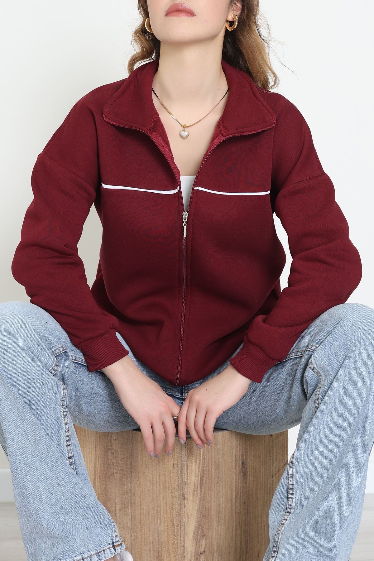 3 İplik Kompakt Oversize Biye Detaylı Sweat Bordo - 42505.1878.