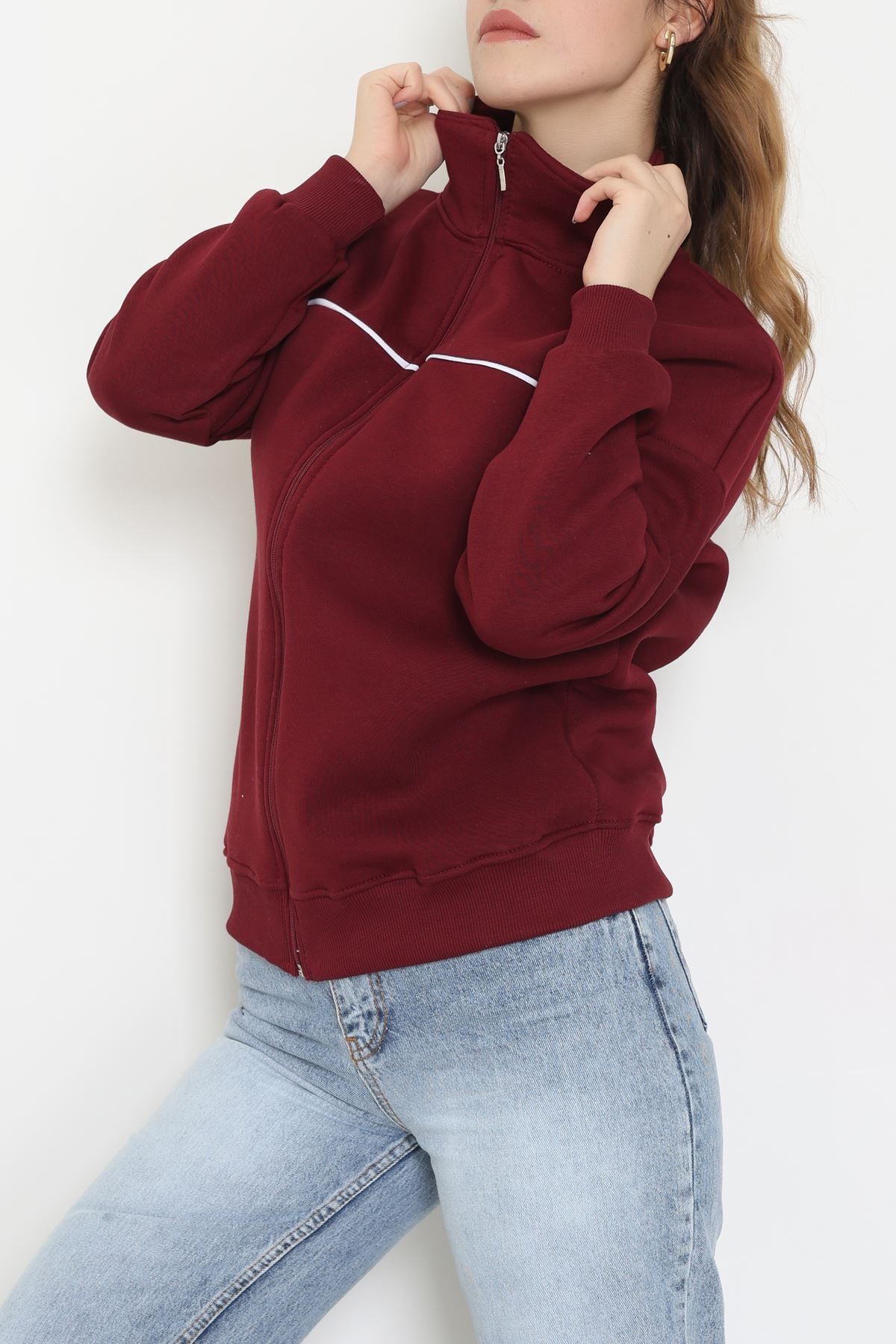 3 İplik Kompakt Oversize Biye Detaylı Sweat Bordo - 42505.1878.