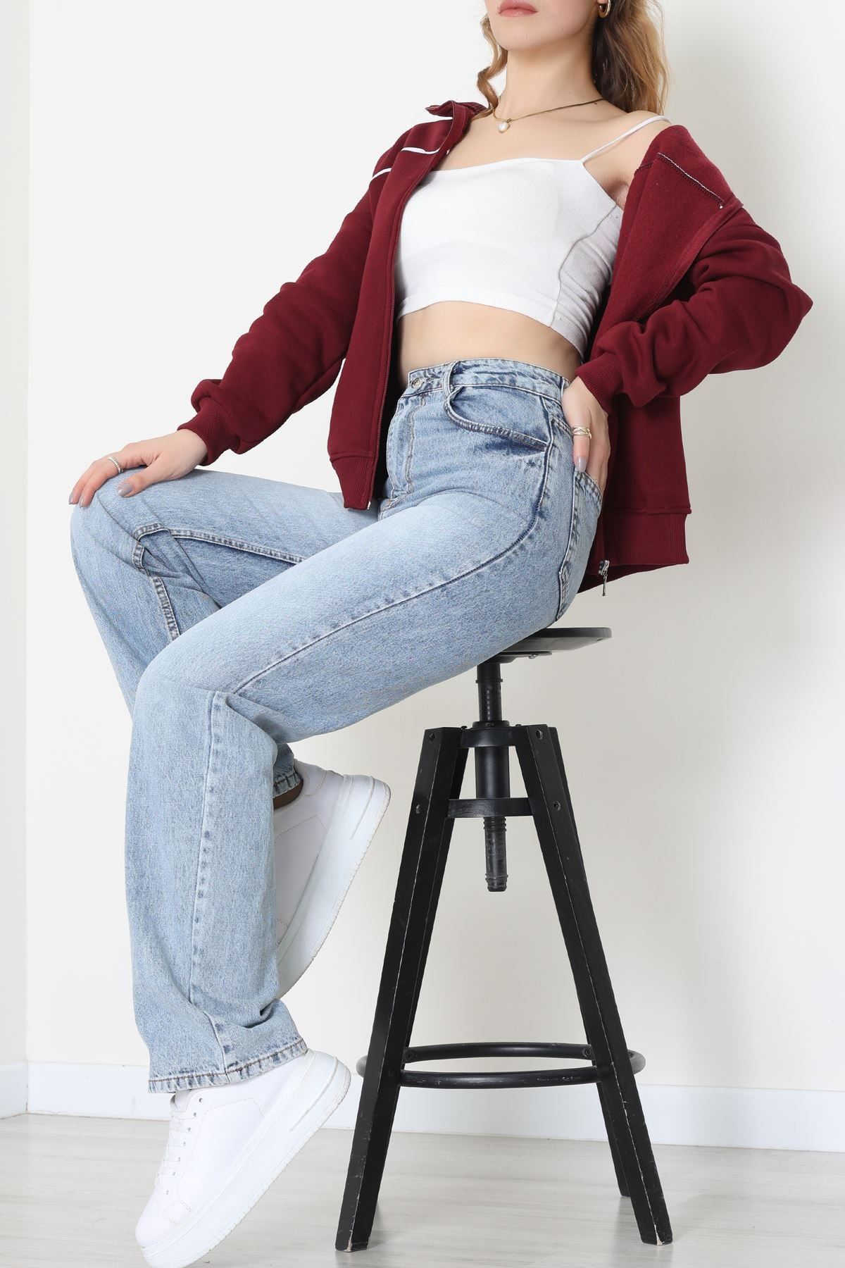 3 İplik Kompakt Oversize Biye Detaylı Sweat Bordo - 42505.1878.