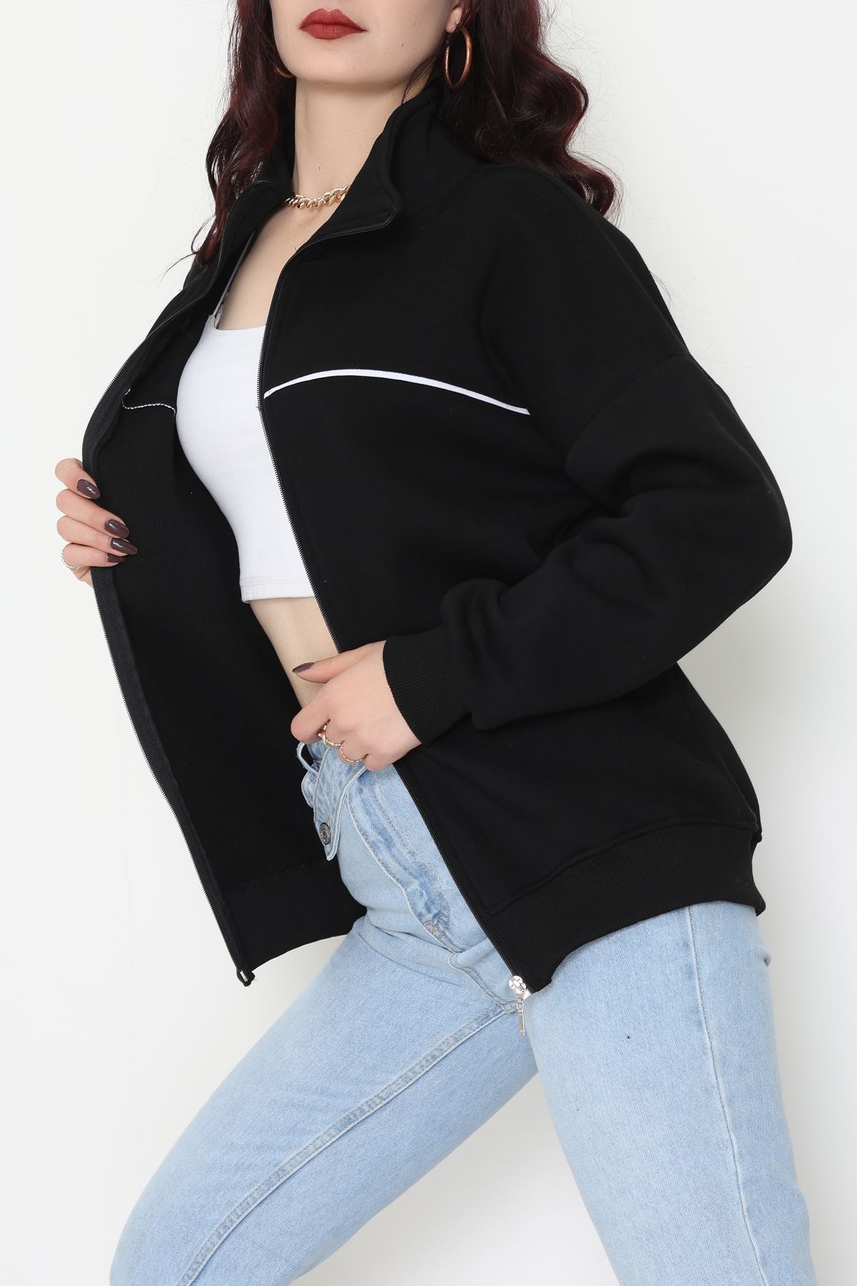 3 İplik Kompakt Oversize Biye Detaylı Sweat Siyah - 42505.1878.