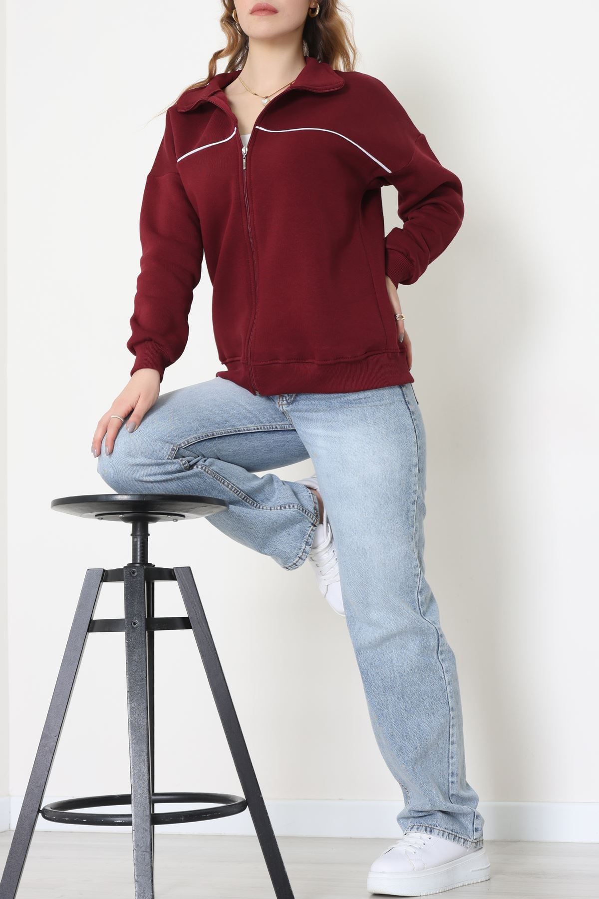 3 İplik Kompakt Oversize Biye Detaylı Sweat Bordo - 42505.1878.