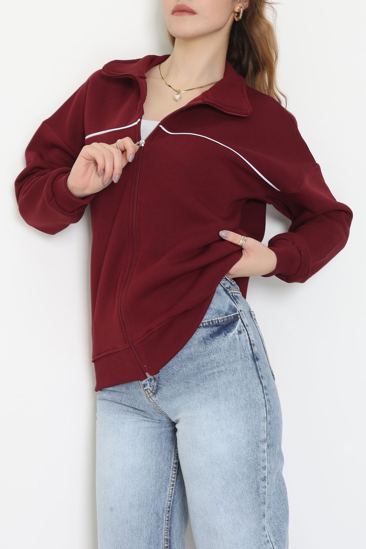 3 İplik Kompakt Oversize Biye Detaylı Sweat Bordo - 42505.1878.