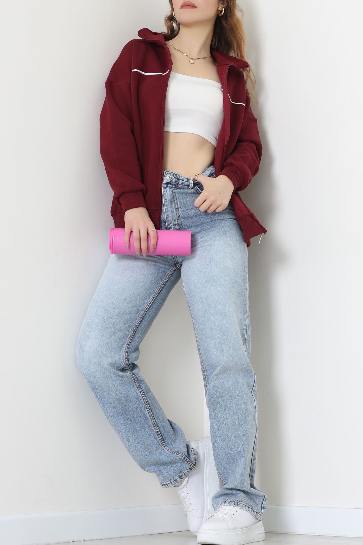 3 İplik Kompakt Oversize Biye Detaylı Sweat Bordo - 42505.1878.