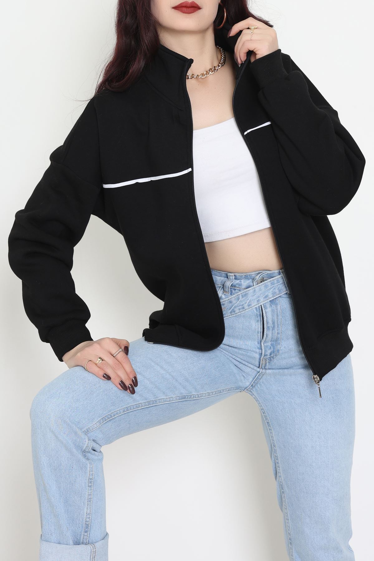 3 İplik Kompakt Oversize Biye Detaylı Sweat Siyah - 42505.1878.