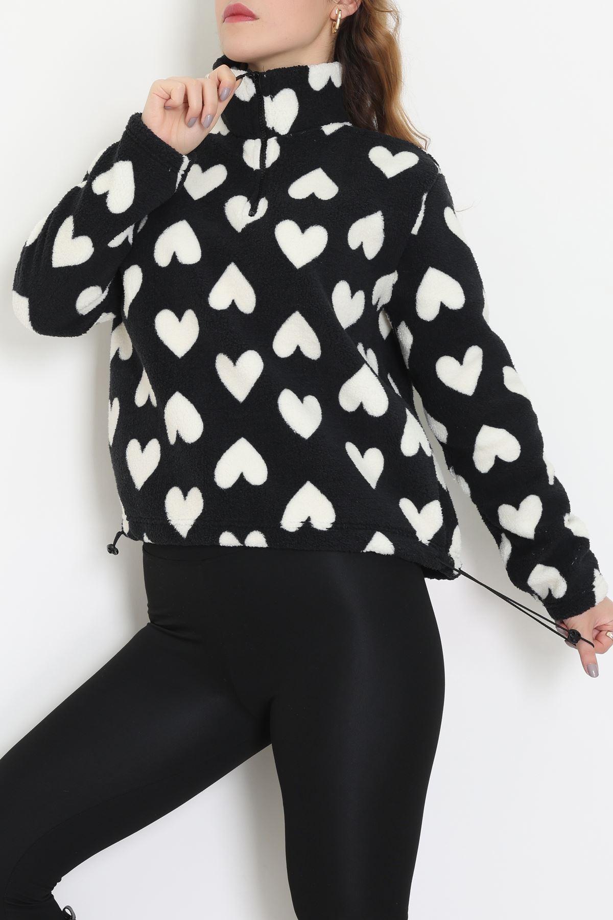 Yarım Fermuarlı Peluş Sweat Siyahkalp - 31713.1247.