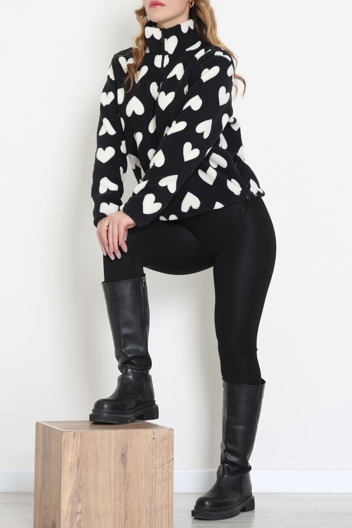 Yarım Fermuarlı Peluş Sweat Siyahkalp - 31713.1247.