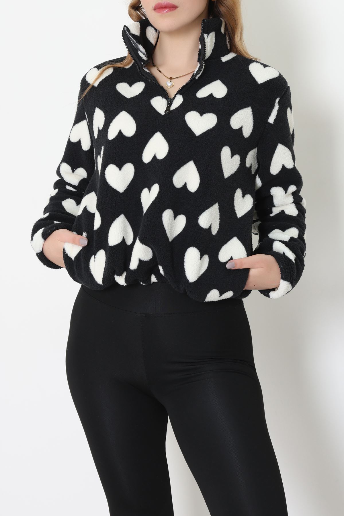 Yarım Fermuarlı Peluş Sweat Siyahkalp - 31713.1247.