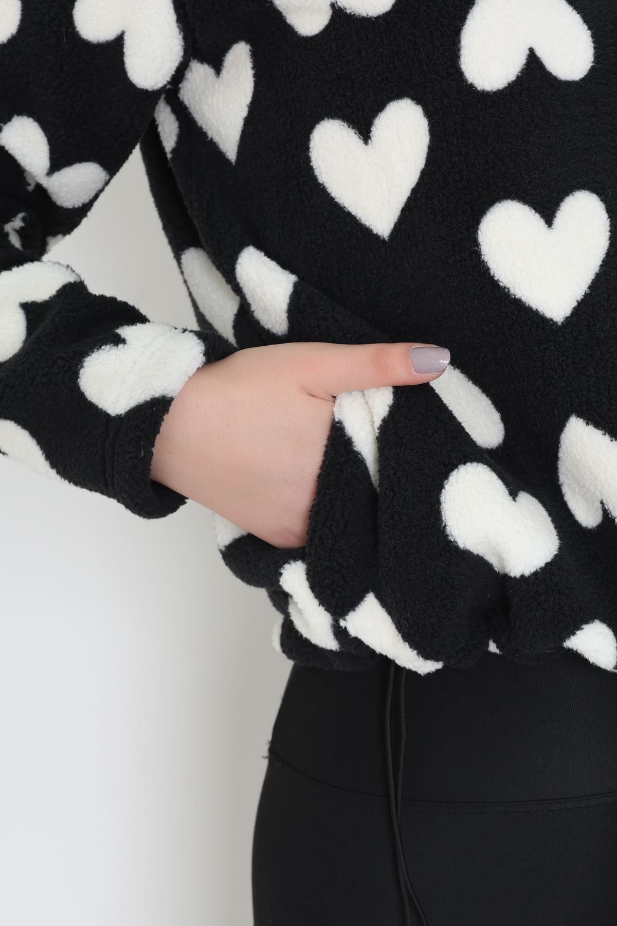 Yarım Fermuarlı Peluş Sweat Siyahkalp - 31713.1247.