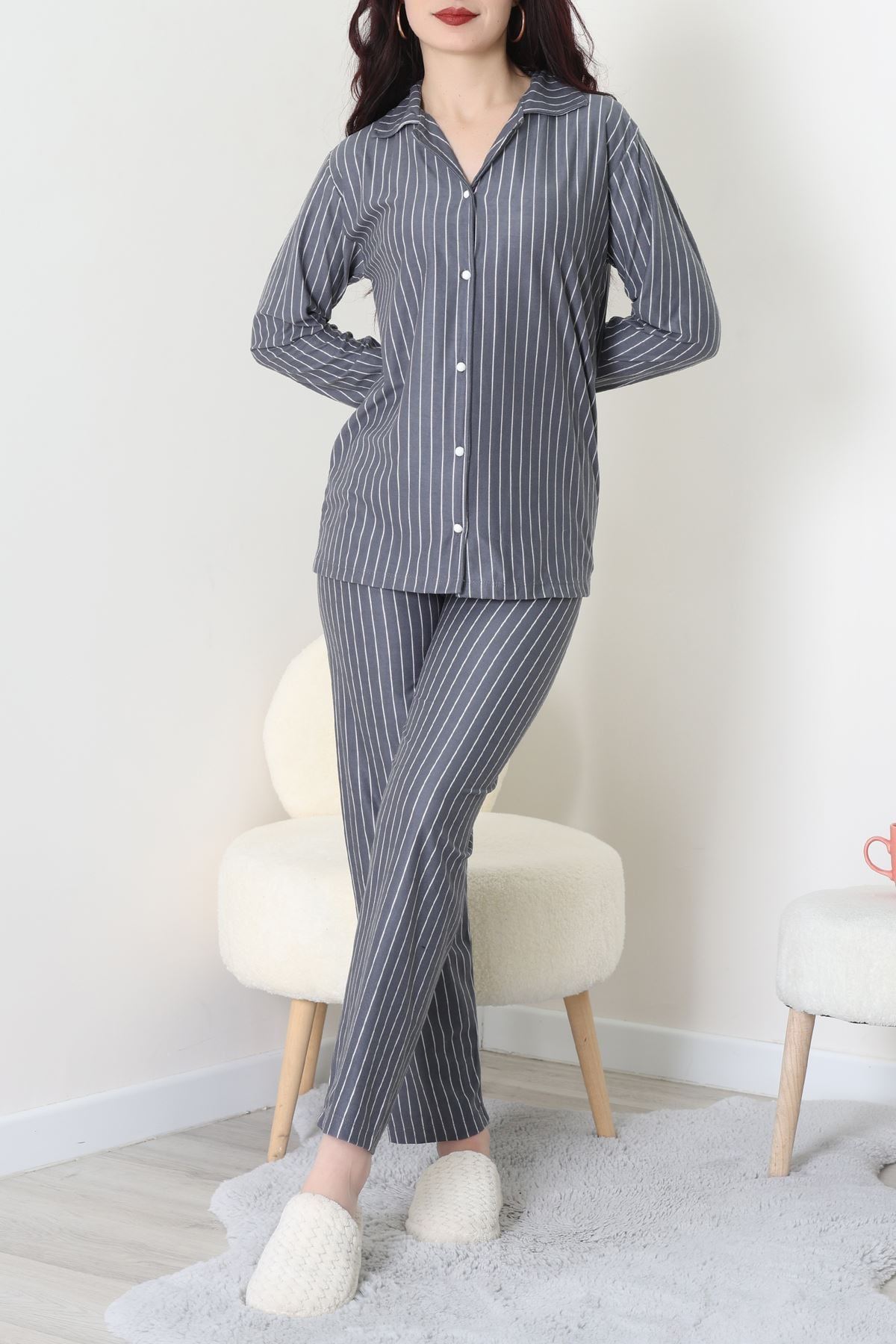 Süet Düğmeli Pijama Takımı Füme - 52179.2124.