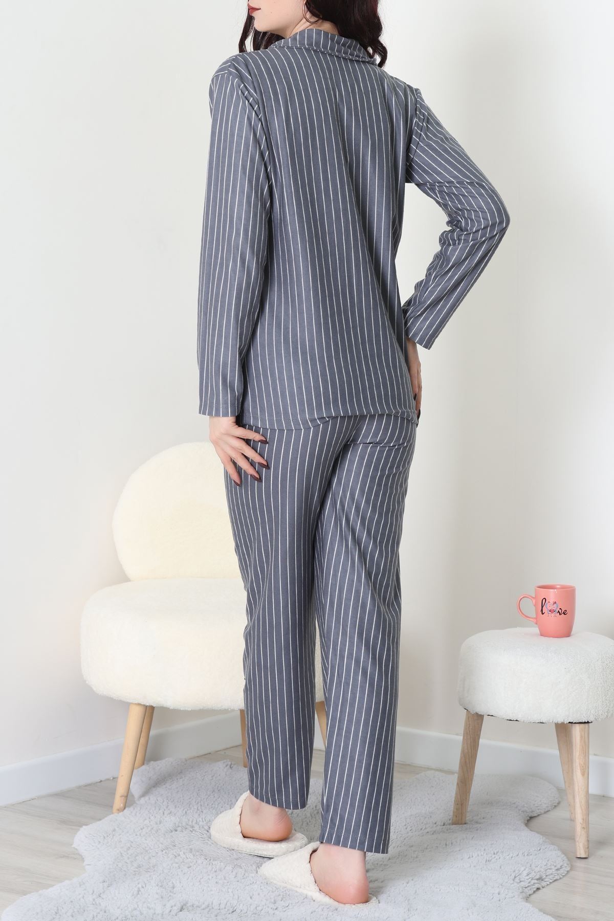 Süet Düğmeli Pijama Takımı Füme - 52179.2124.