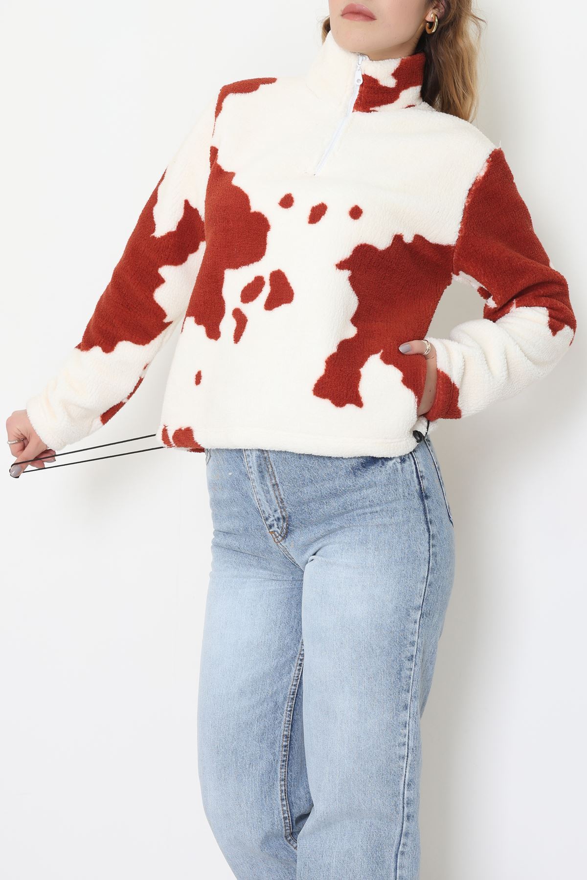 Yarım Fermuarlı Peluş Sweat Ekrukiremit - 31713.1247.