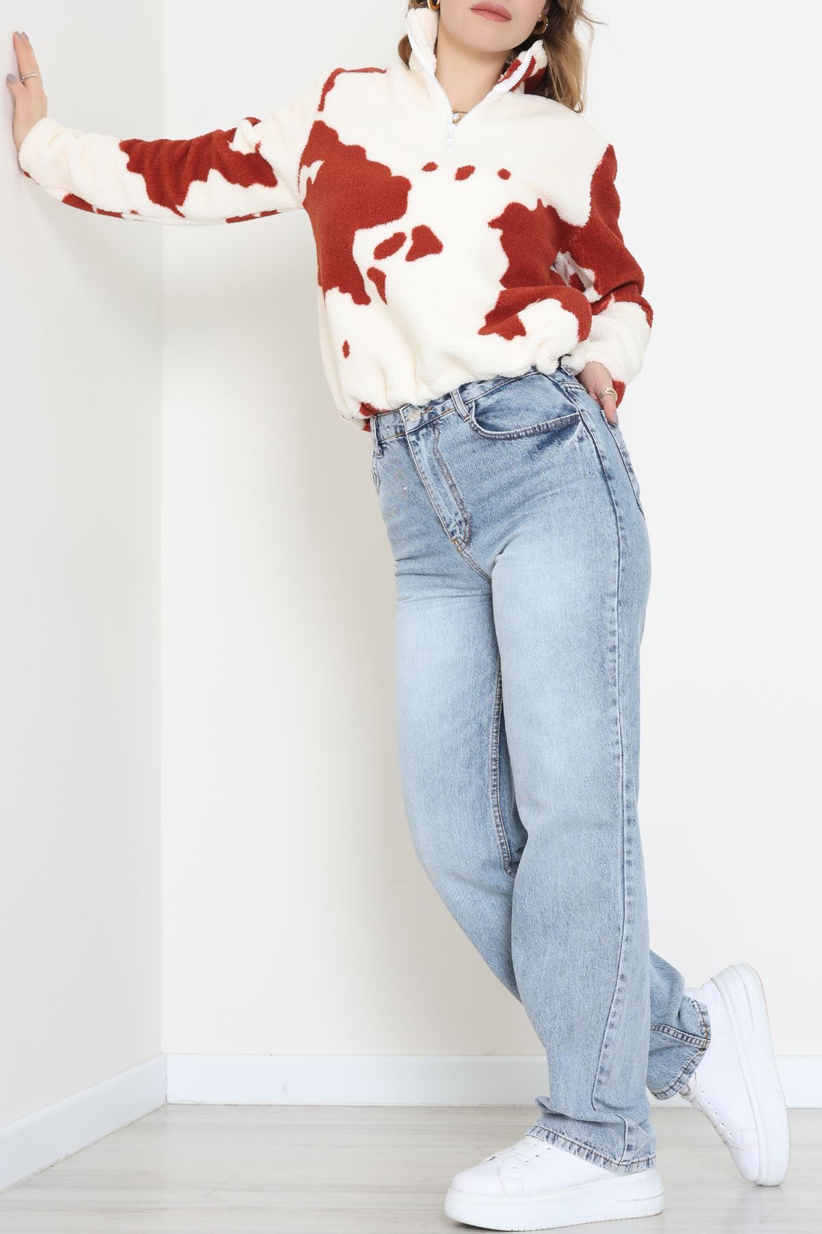 Yarım Fermuarlı Peluş Sweat Ekrukiremit - 31713.1247.