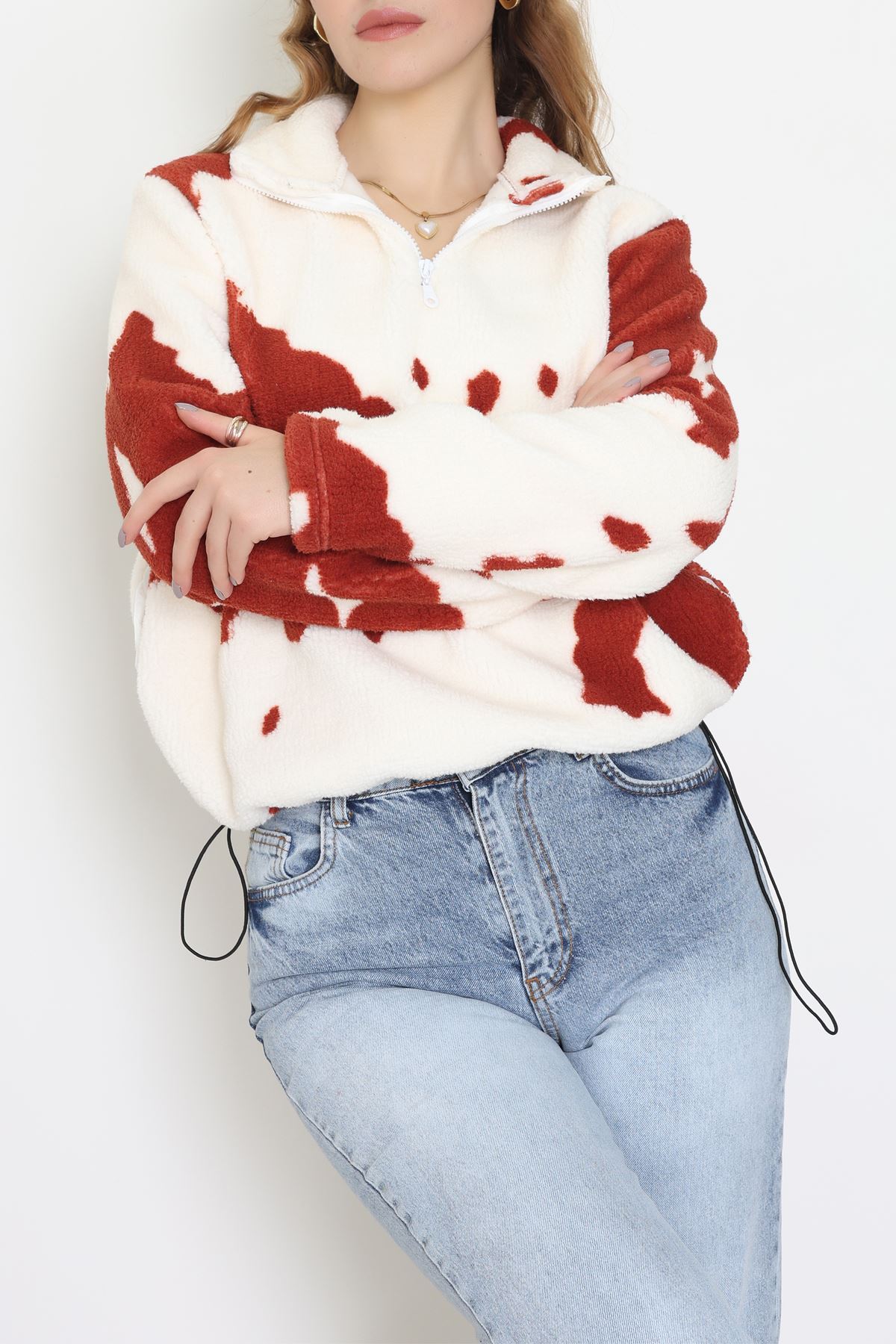 Yarım Fermuarlı Peluş Sweat Ekrukiremit - 31713.1247.