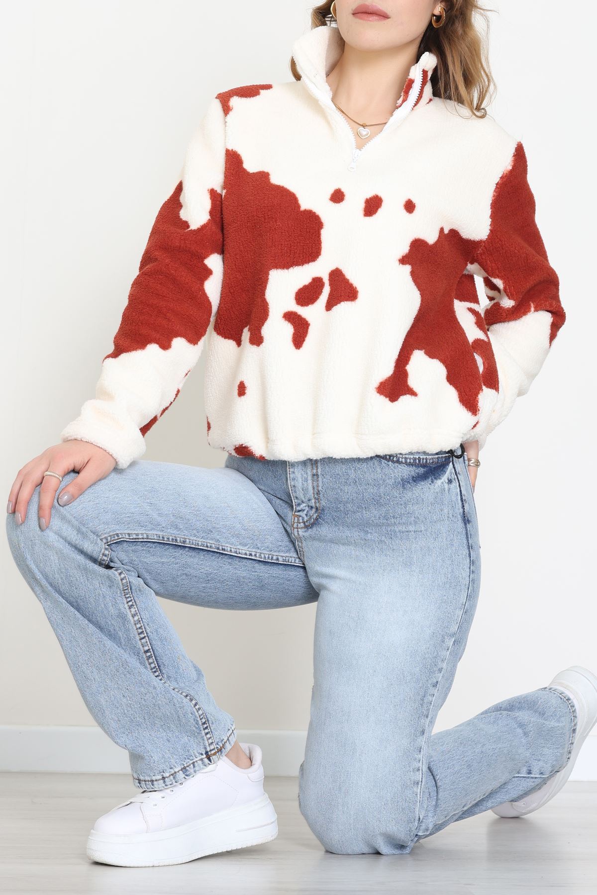 Yarım Fermuarlı Peluş Sweat Ekrukiremit - 31713.1247.