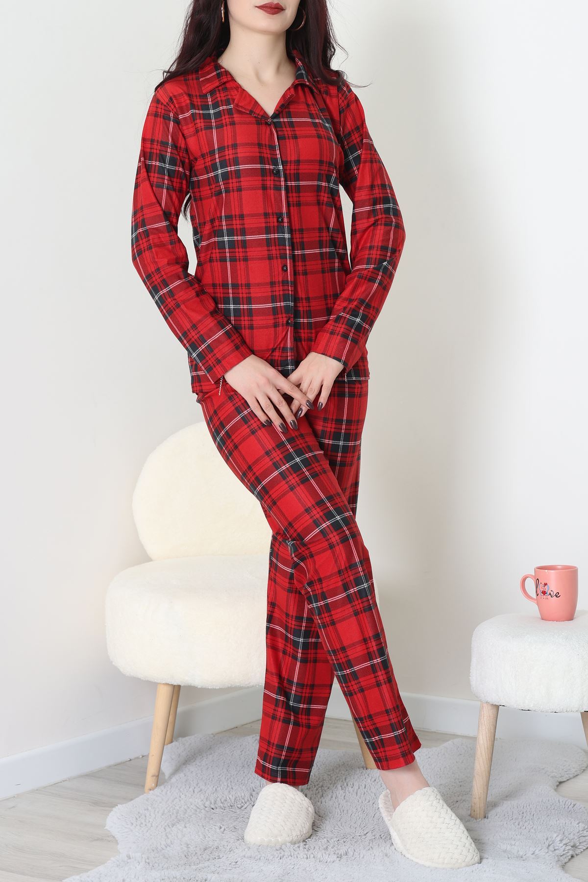 Süet Düğmeli Pijama Takımı Kırmızıekose - 52171.1050.