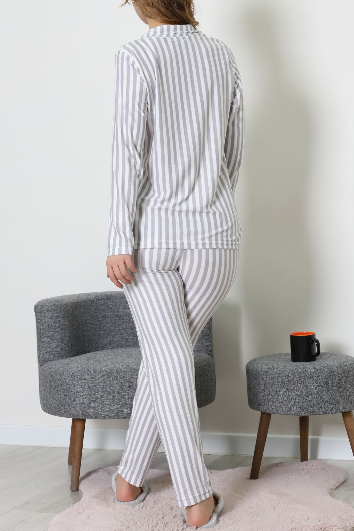 Süet Düğmeli Pijama Takımı Griçizgili - 52199.1783.