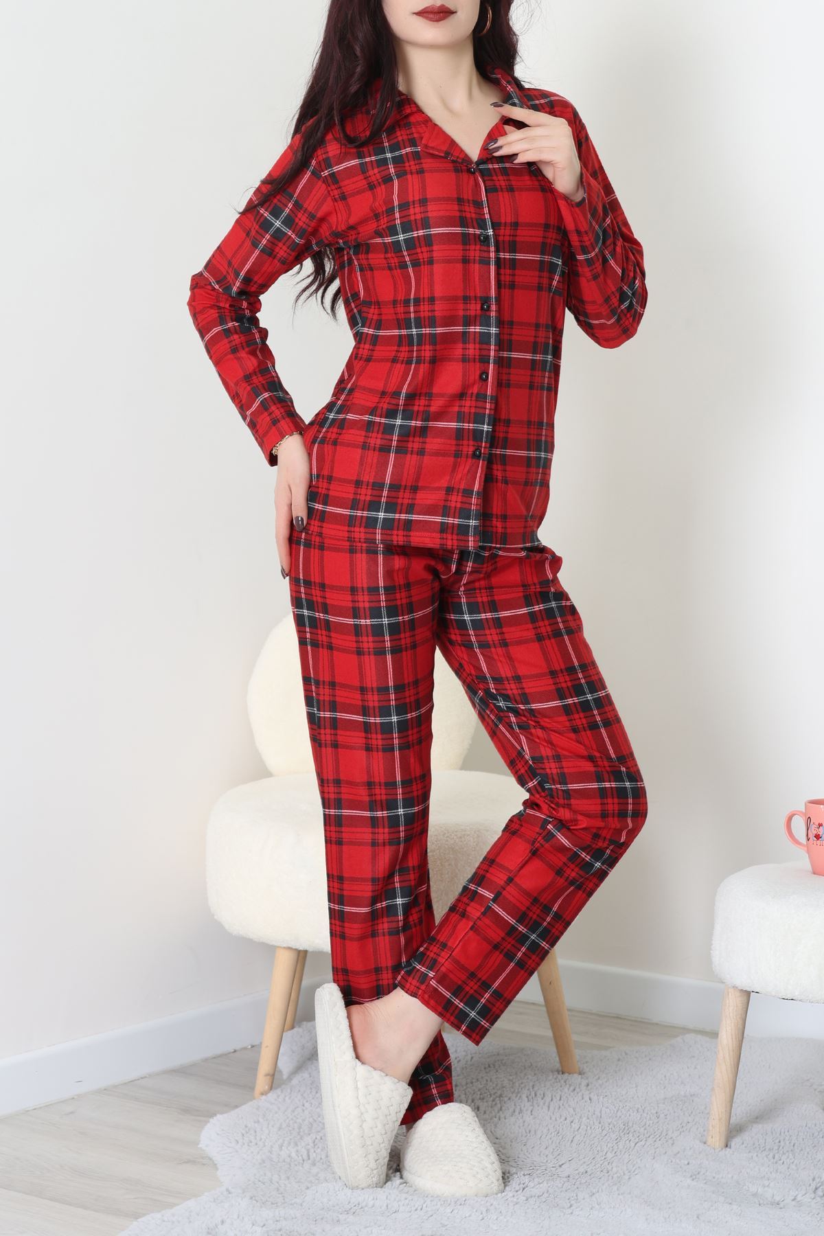 Süet Düğmeli Pijama Takımı Kırmızıekose - 52171.1050.