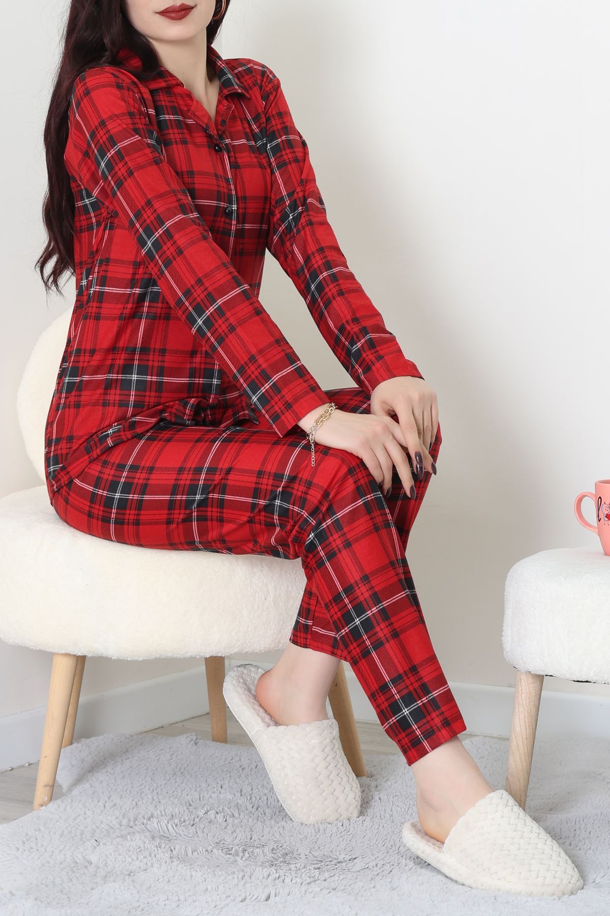 Süet Düğmeli Pijama Takımı Kırmızıekose - 52171.1050.