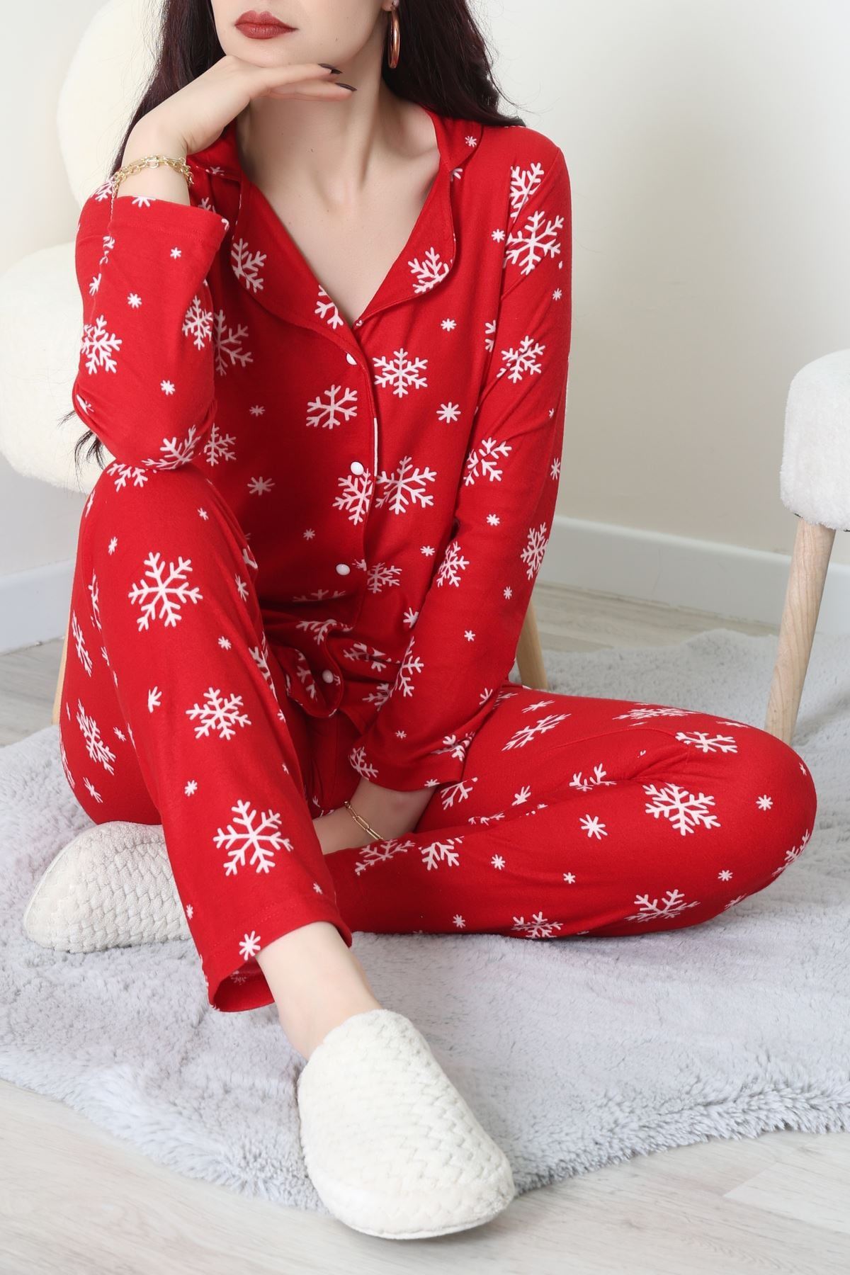 Süet Düğmeli Pijama Takımı Kırmızı - 52199.1783.