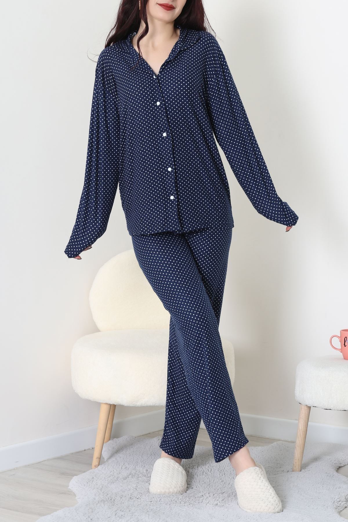 Süet Düğmeli Pijama Takımı Lacivert - 52179.2124.