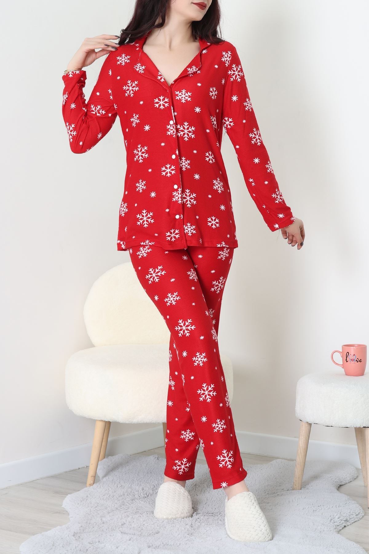 Süet Düğmeli Pijama Takımı Kırmızı - 52199.1783.