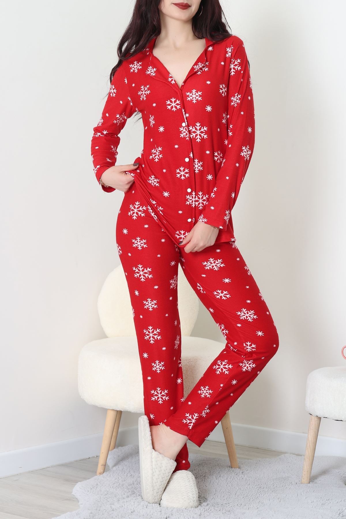 Süet Düğmeli Pijama Takımı Kırmızı - 52199.1783.