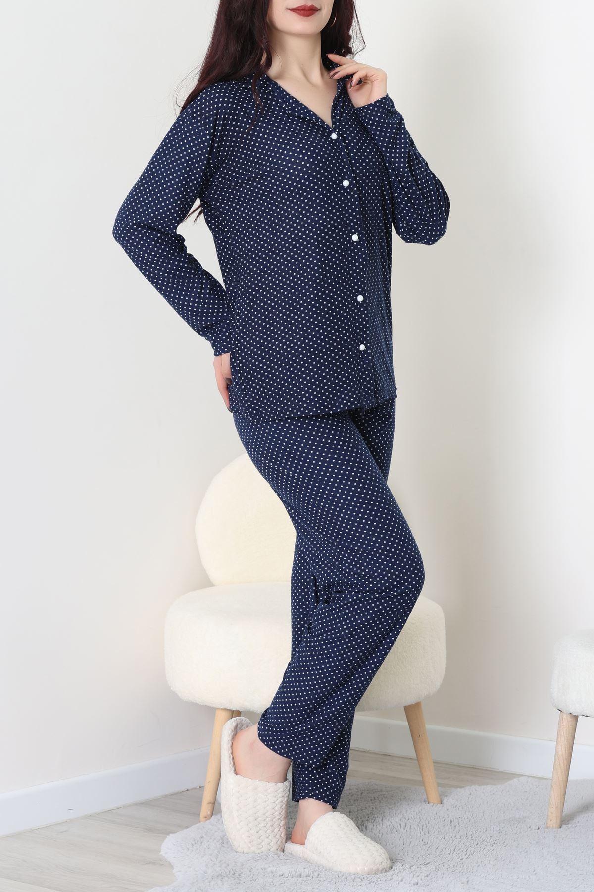 Süet Düğmeli Pijama Takımı Lacivert - 52179.2124.