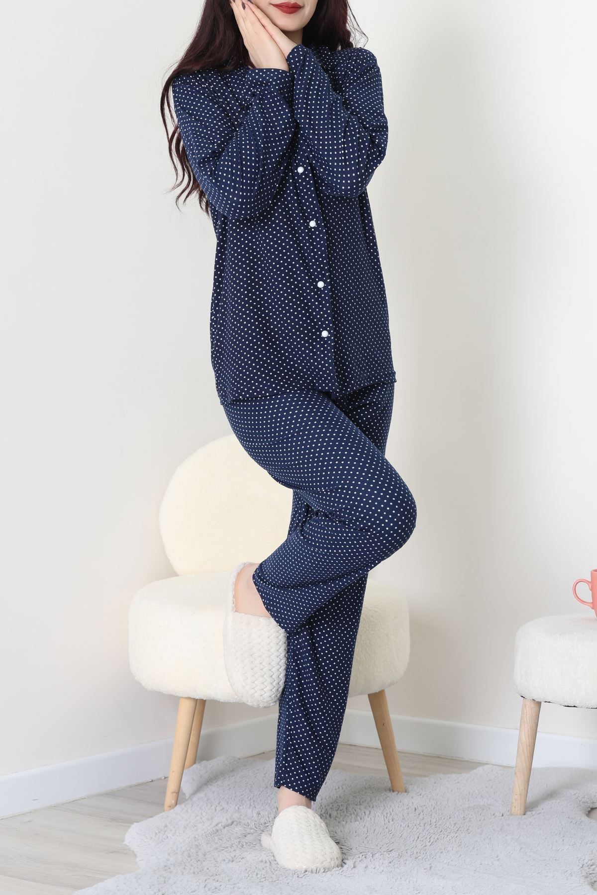 Süet Düğmeli Pijama Takımı Lacivert - 52179.2124.