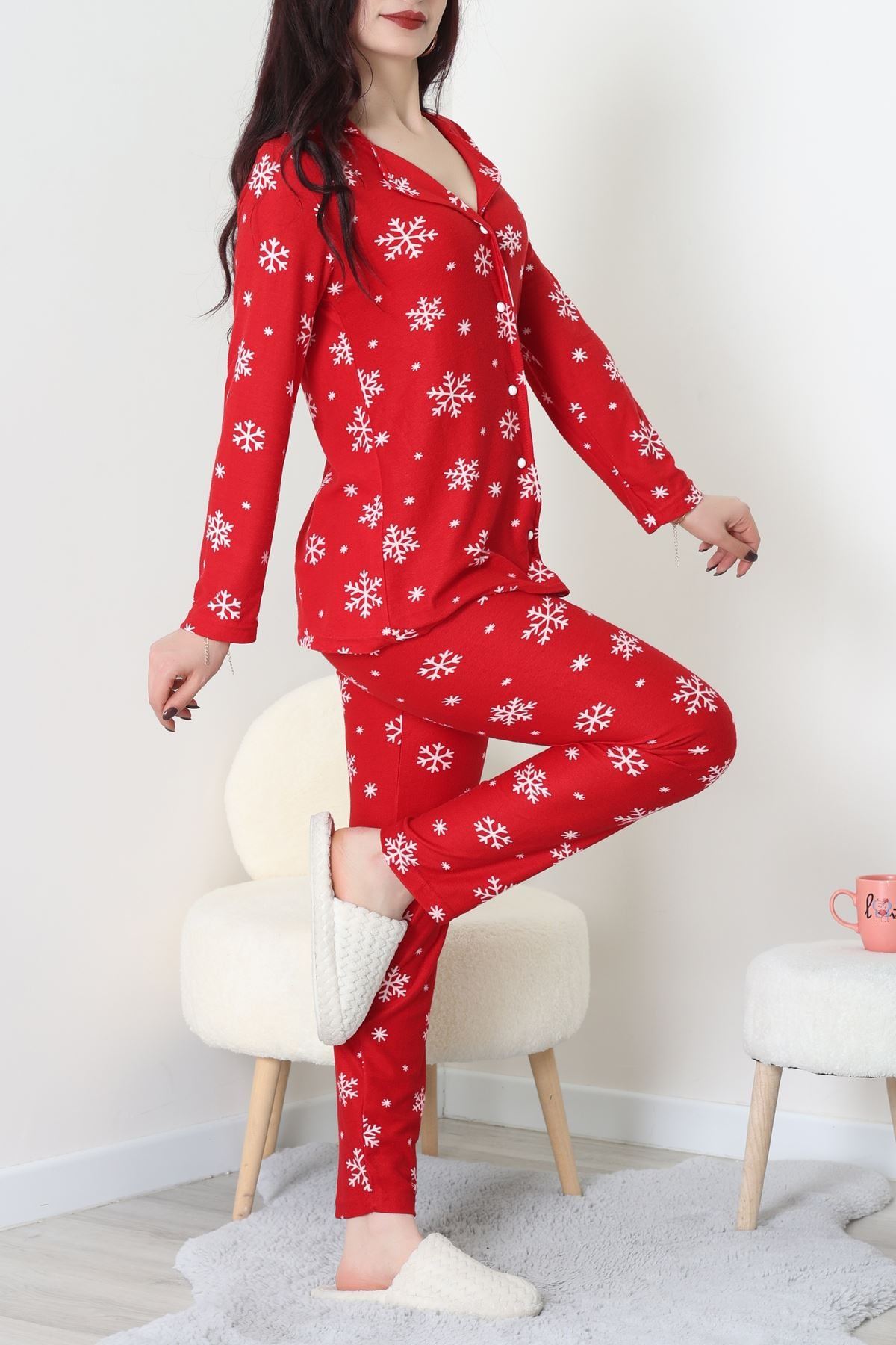 Süet Düğmeli Pijama Takımı Kırmızı - 52199.1783.