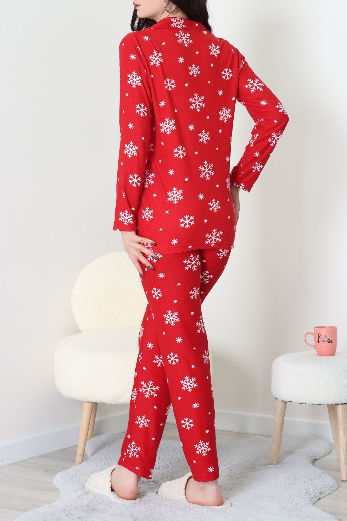 Süet Düğmeli Pijama Takımı Kırmızı - 52199.1783.