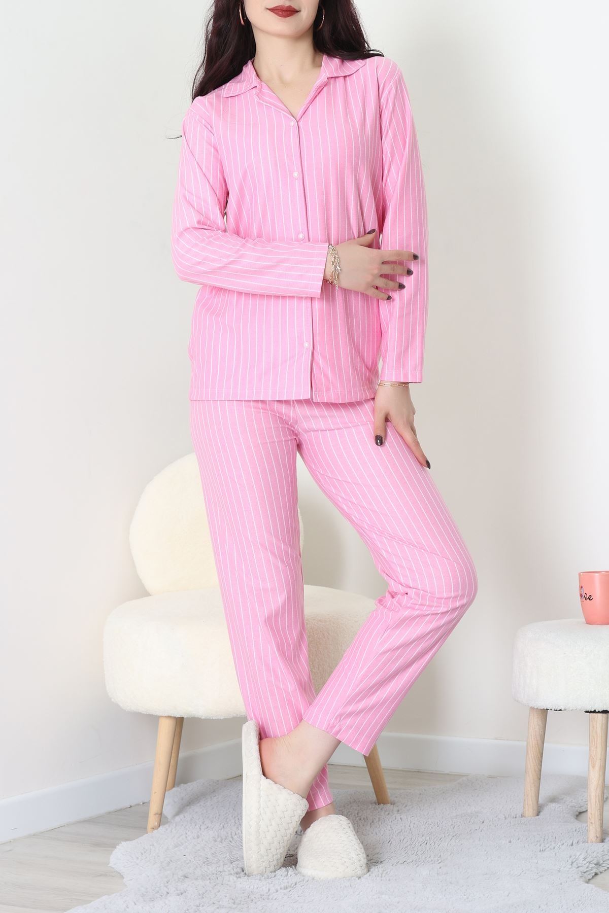 Süet Düğmeli Pijama Takımı Pembeçizgi - 52179.2124.