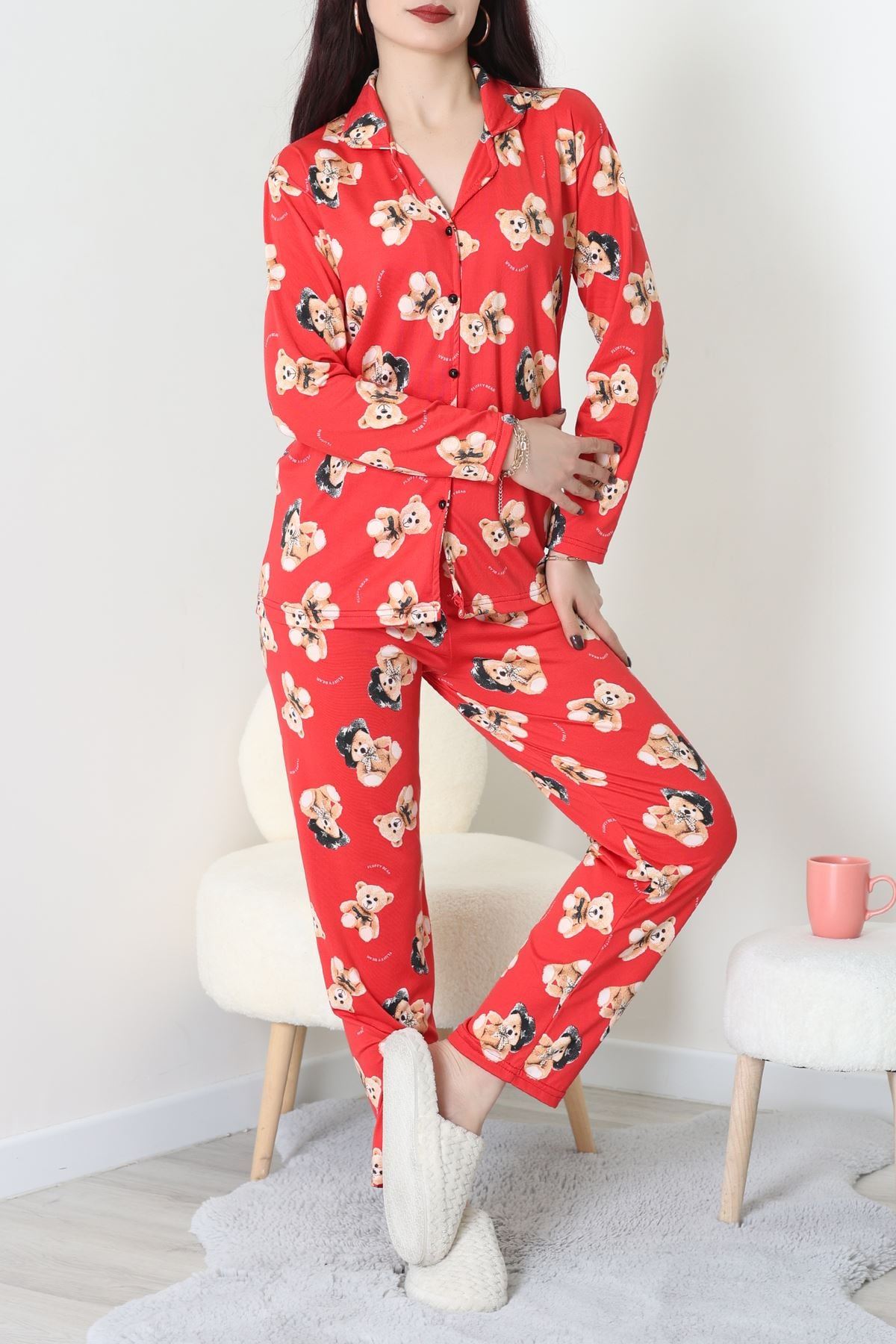Süet Düğmeli Pijama Takımı Kırmızıbej - 55014.1048.