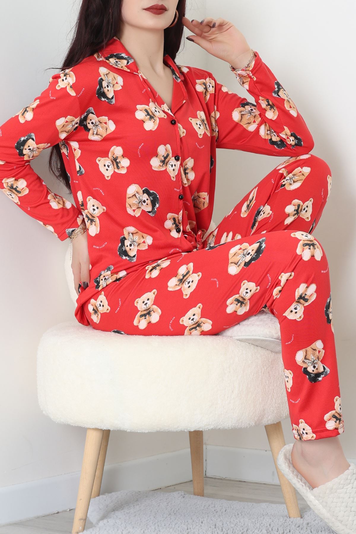 Süet Düğmeli Pijama Takımı Kırmızıbej - 55014.1048.