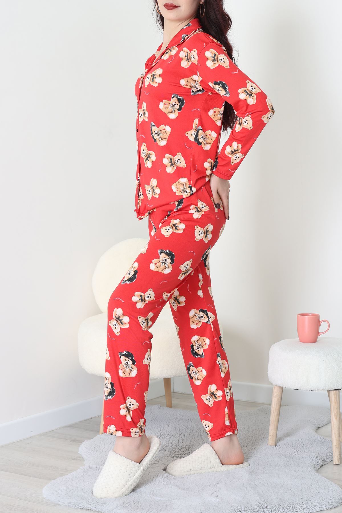 Süet Düğmeli Pijama Takımı Kırmızıbej - 55014.1048.