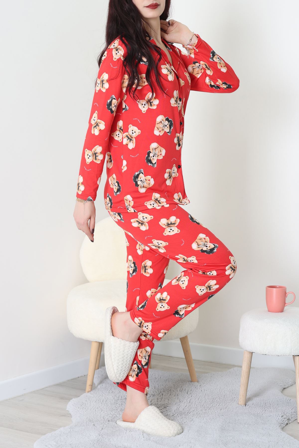 Süet Düğmeli Pijama Takımı Kırmızıbej - 55014.1048.