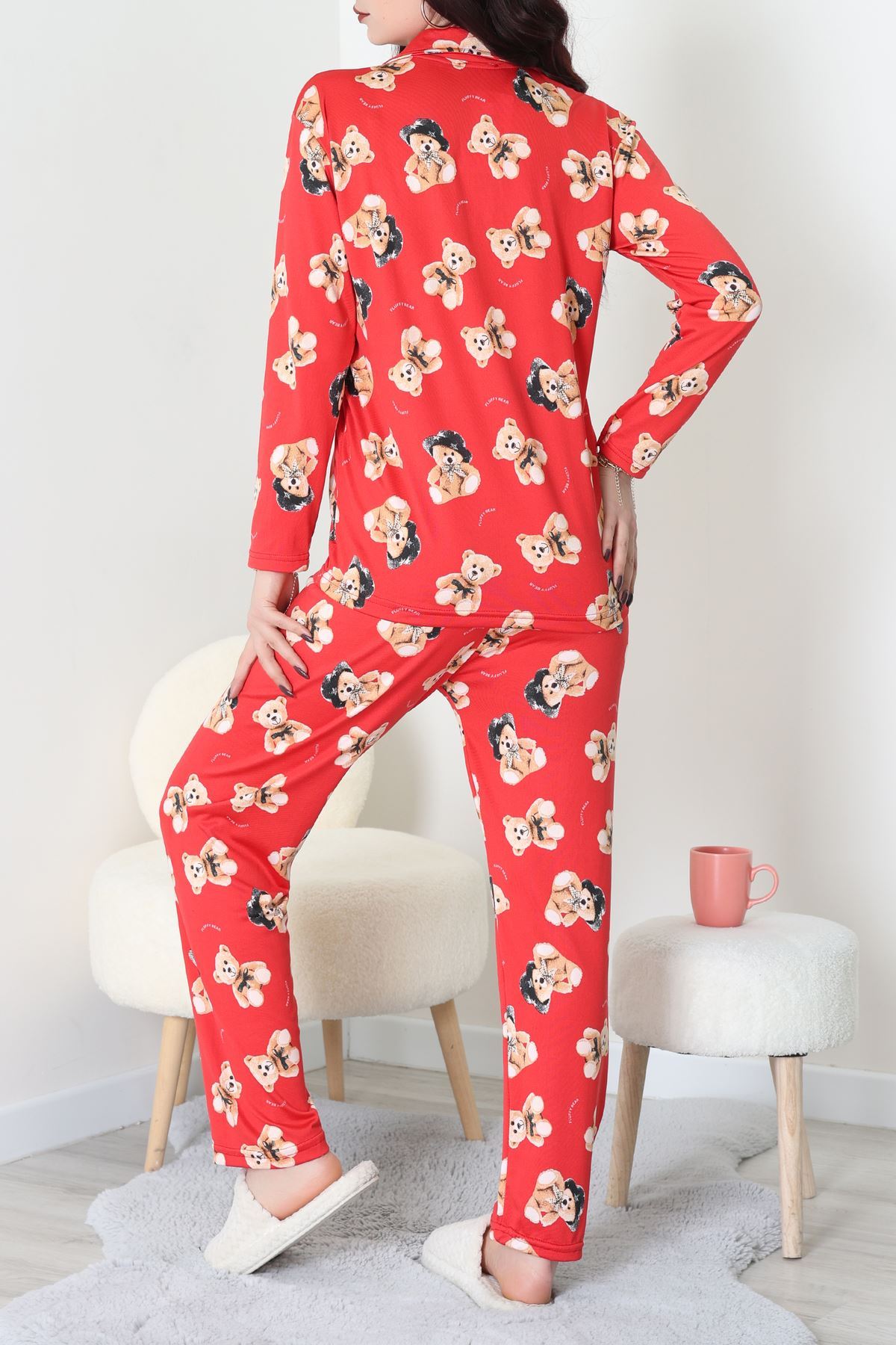Süet Düğmeli Pijama Takımı Kırmızıbej - 55014.1048.