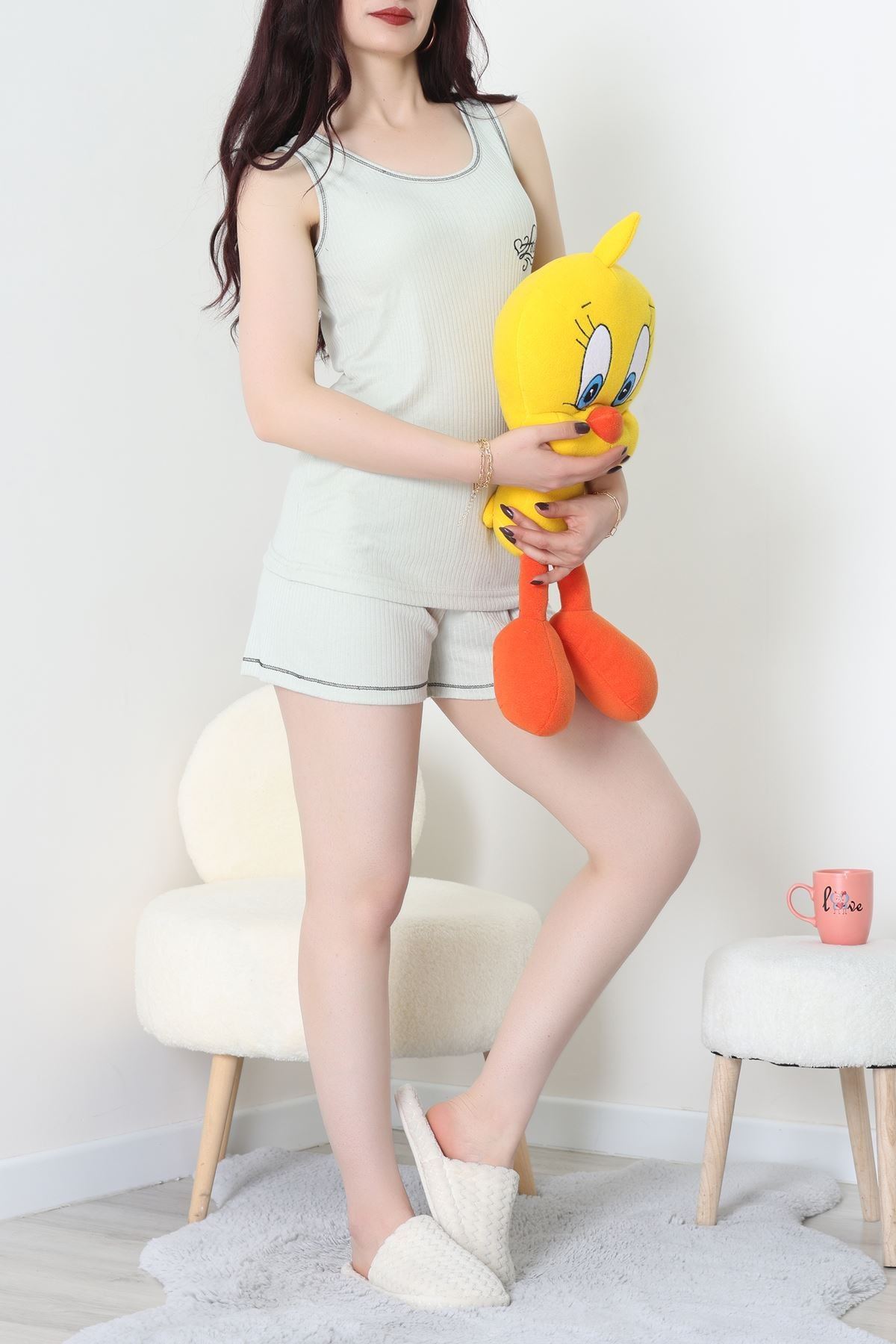 Fitilli Kumaş Şortlu Pijama Takımı Suyeşili - 31861.2123.