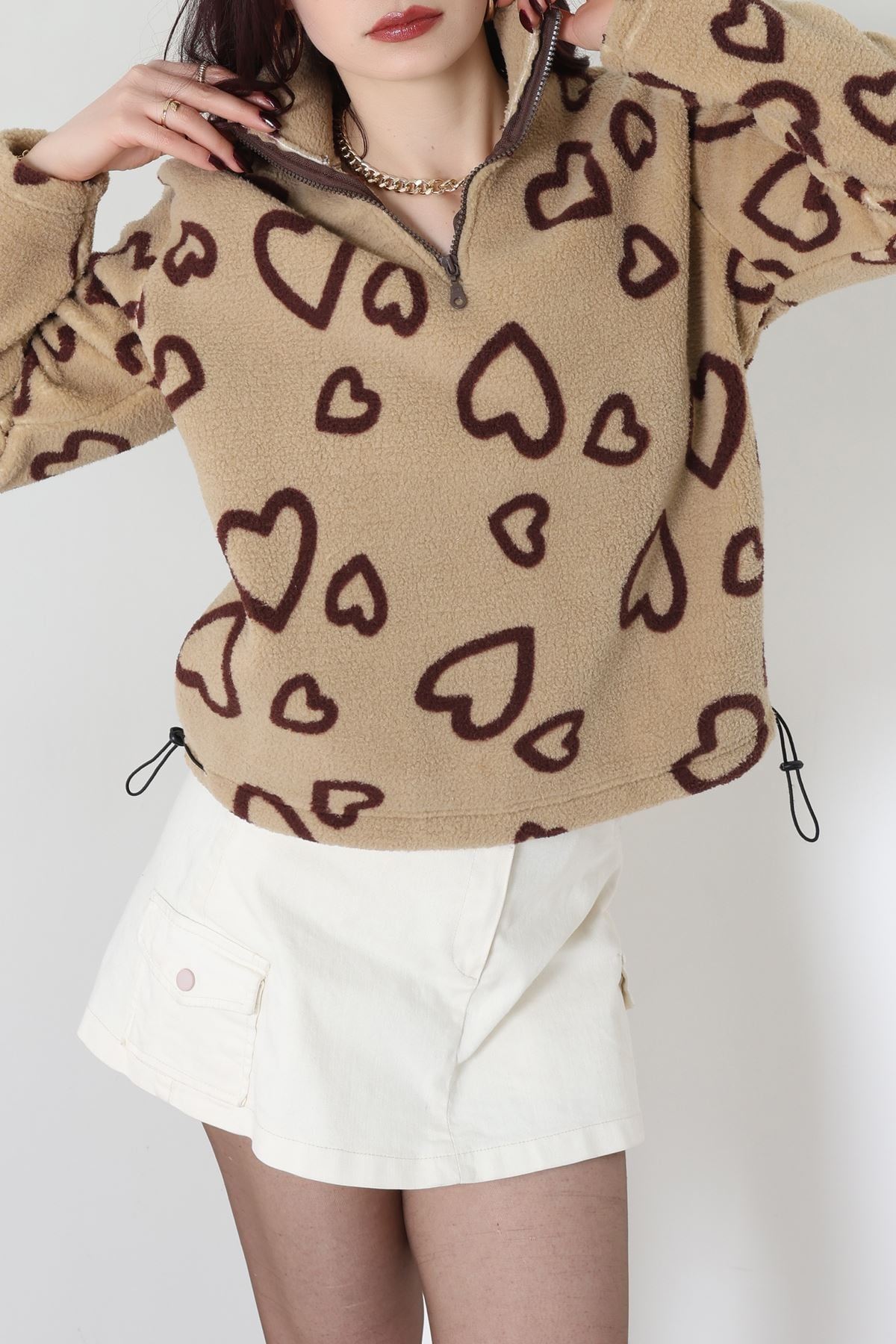 Yarım Fermuarlı Peluş Sweat Vizonkahve - 31713.1247.