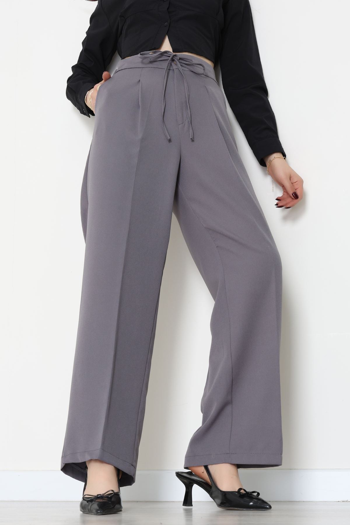Dabıl Kumaş Beli Bağcıklı Pantolon Antrasit - 51615.683.