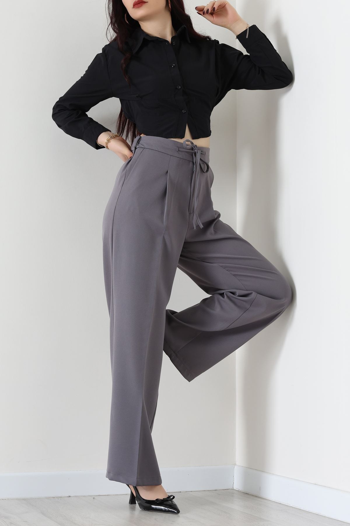 Dabıl Kumaş Beli Bağcıklı Pantolon Antrasit - 51615.683.
