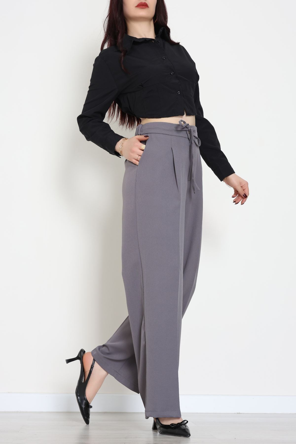 Dabıl Kumaş Beli Bağcıklı Pantolon Antrasit - 51615.683.