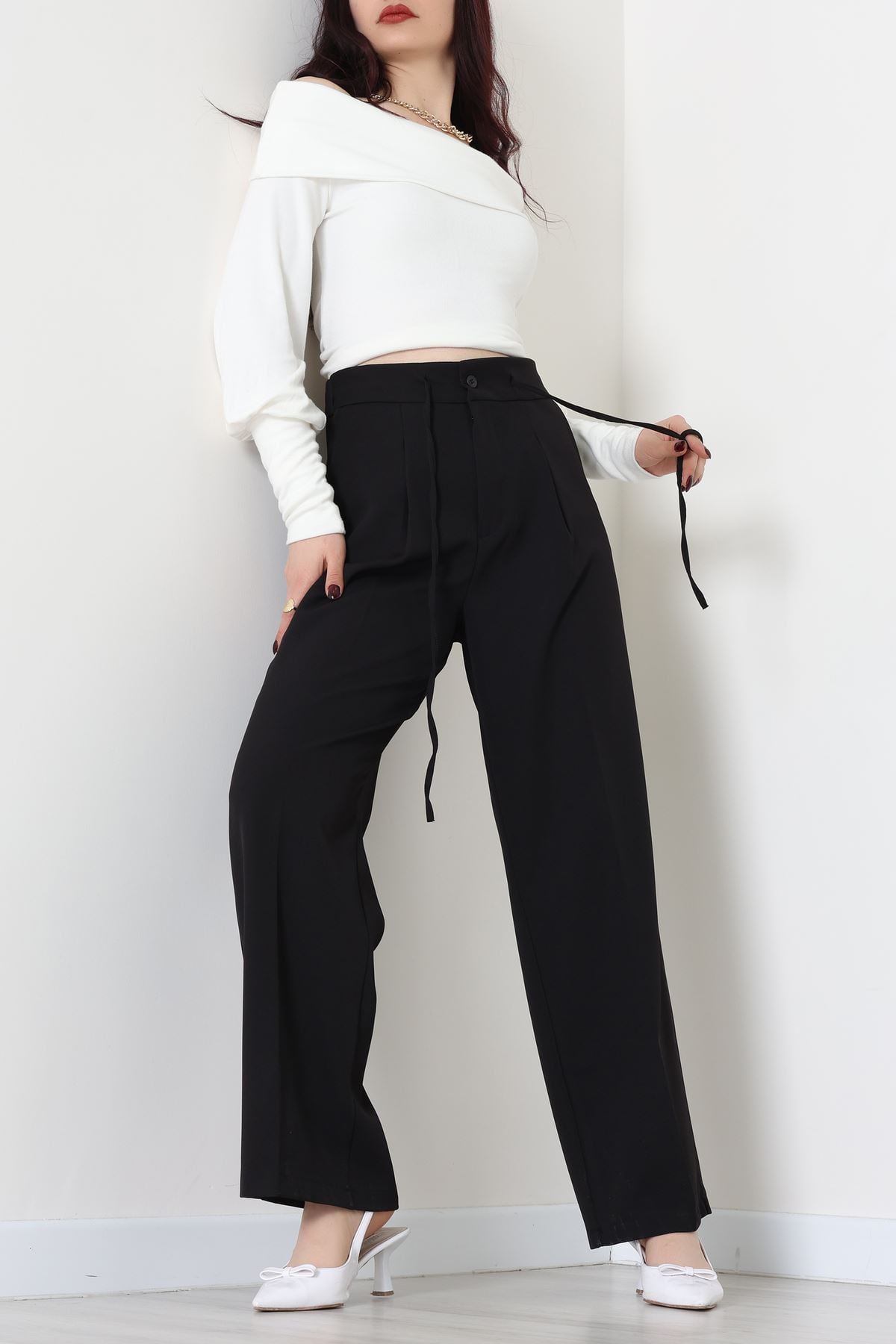 Dabıl Kumaş Beli Bağcıklı Pantolon Siyah - 51615.683.