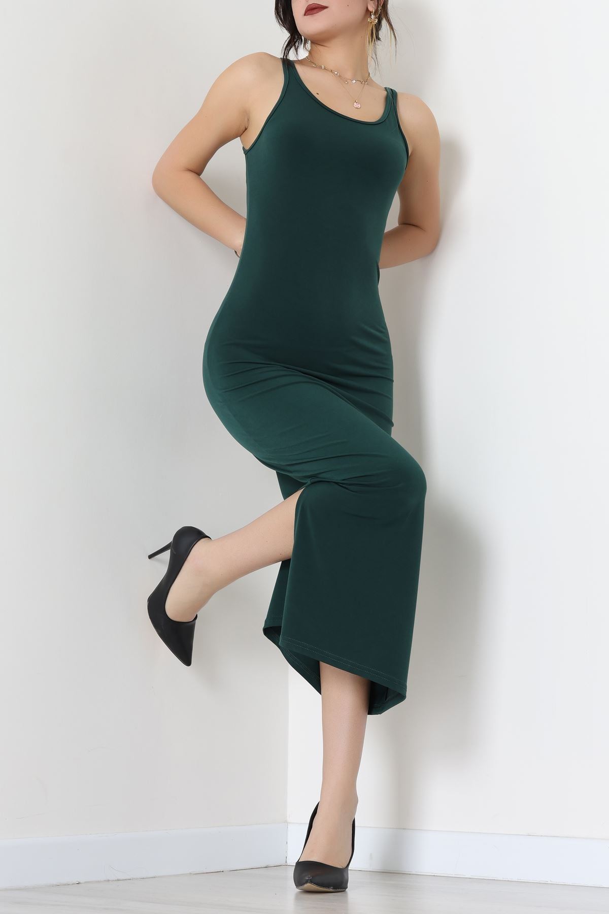 Kalın Askılı Sandy Elbise Zümrüt - 70833.1949.