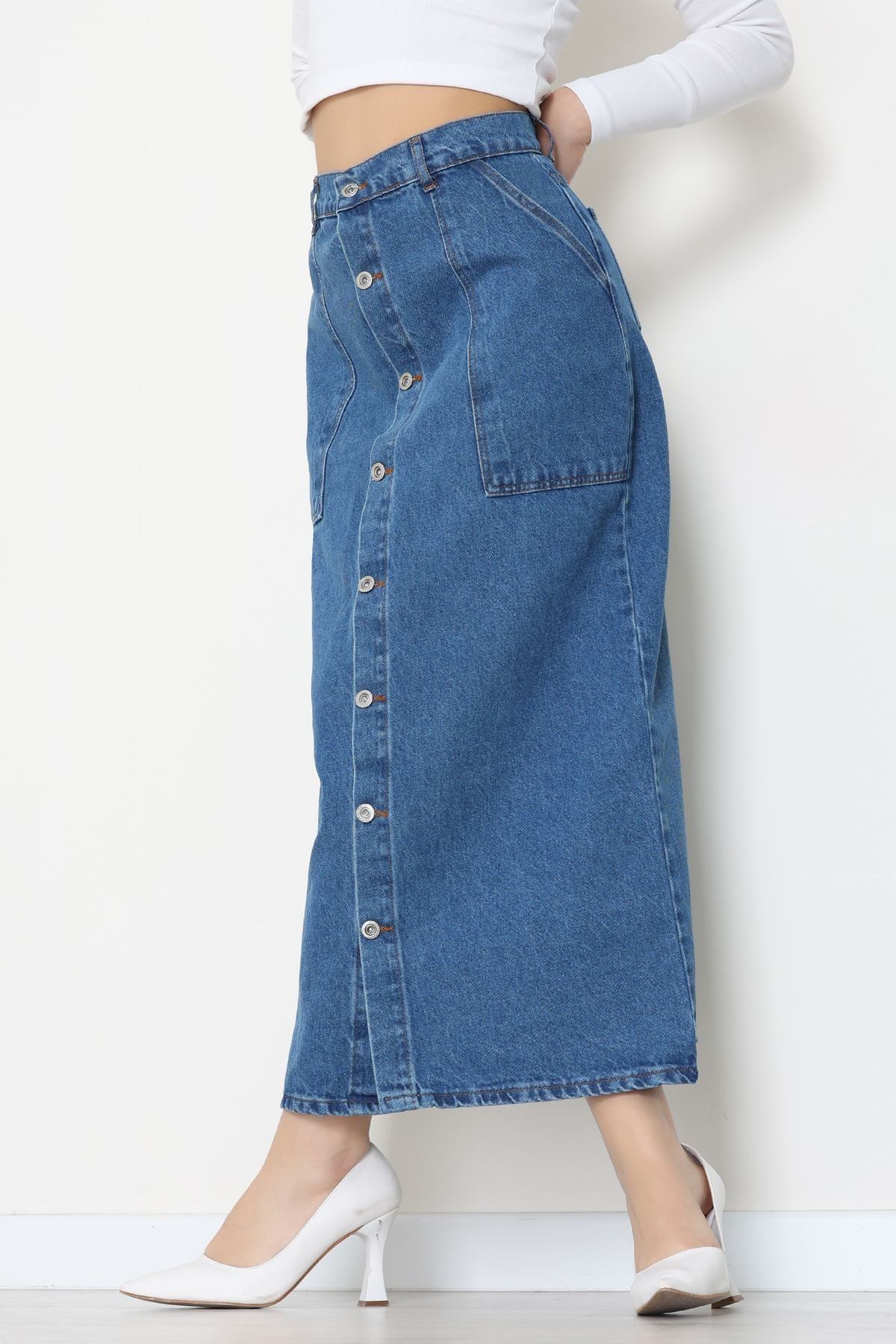 Düğmeli Kot Etek Mavi - 31555.2088.