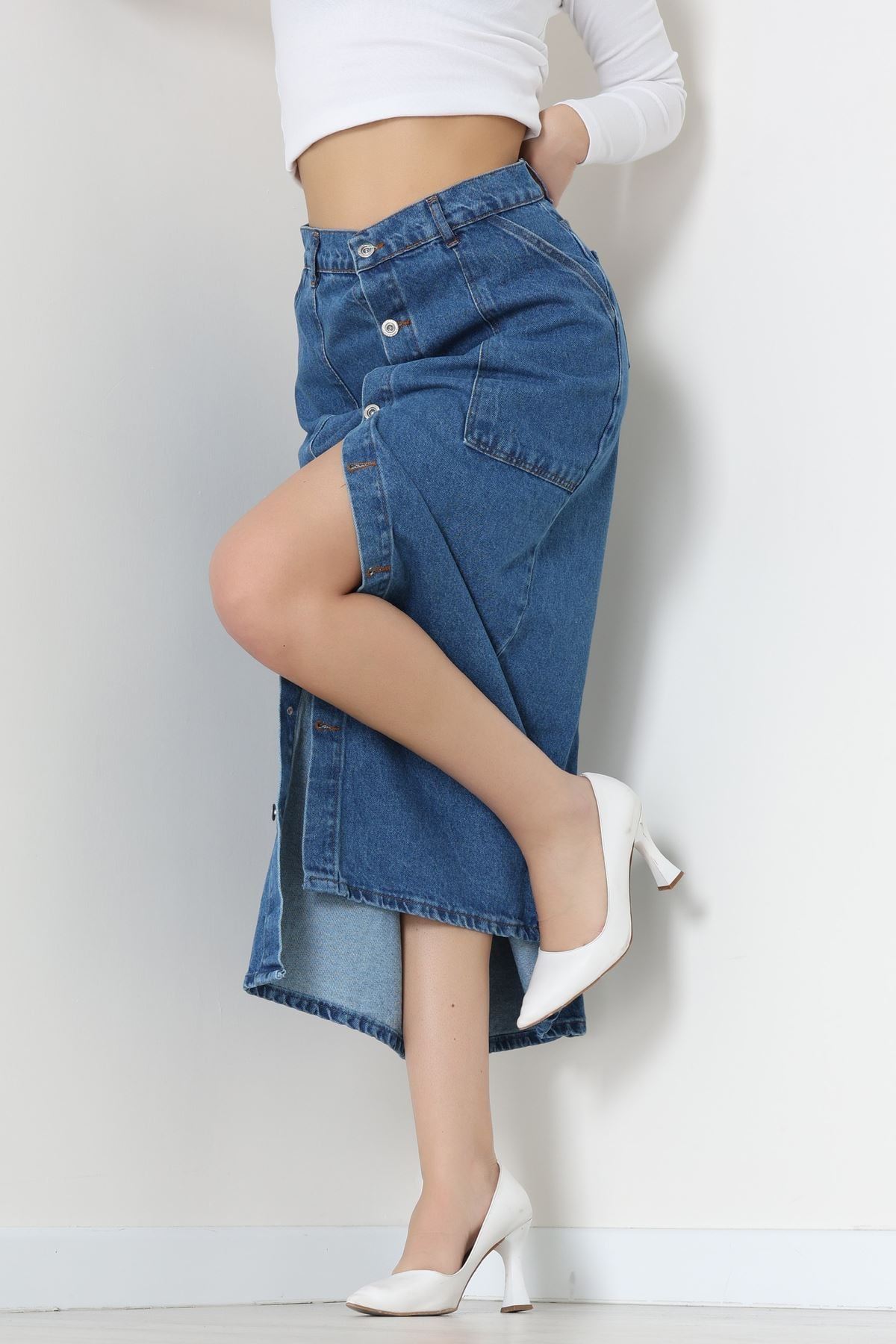 Düğmeli Kot Etek Mavi - 31555.2088.