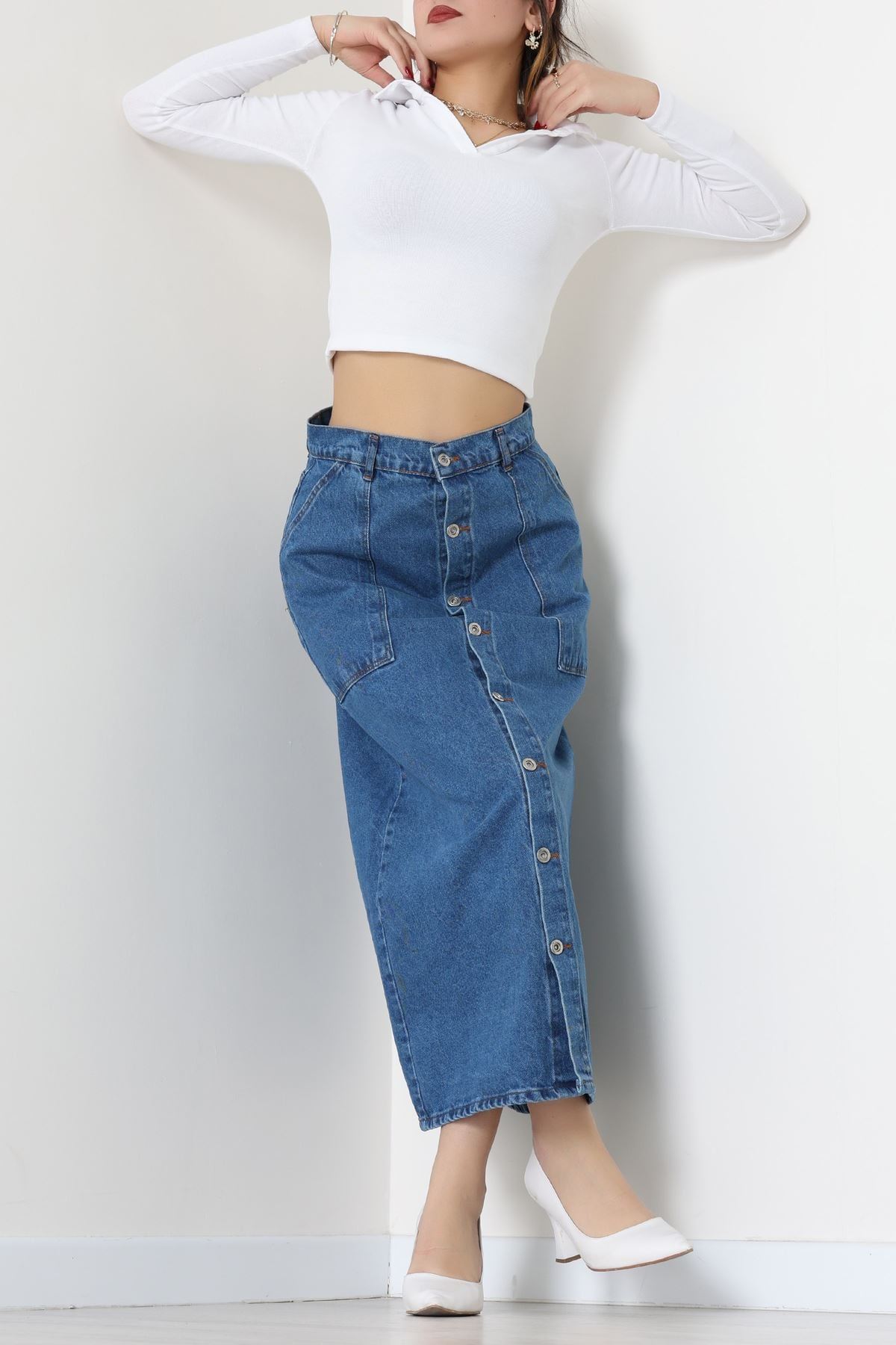 Düğmeli Kot Etek Mavi - 31555.2088.
