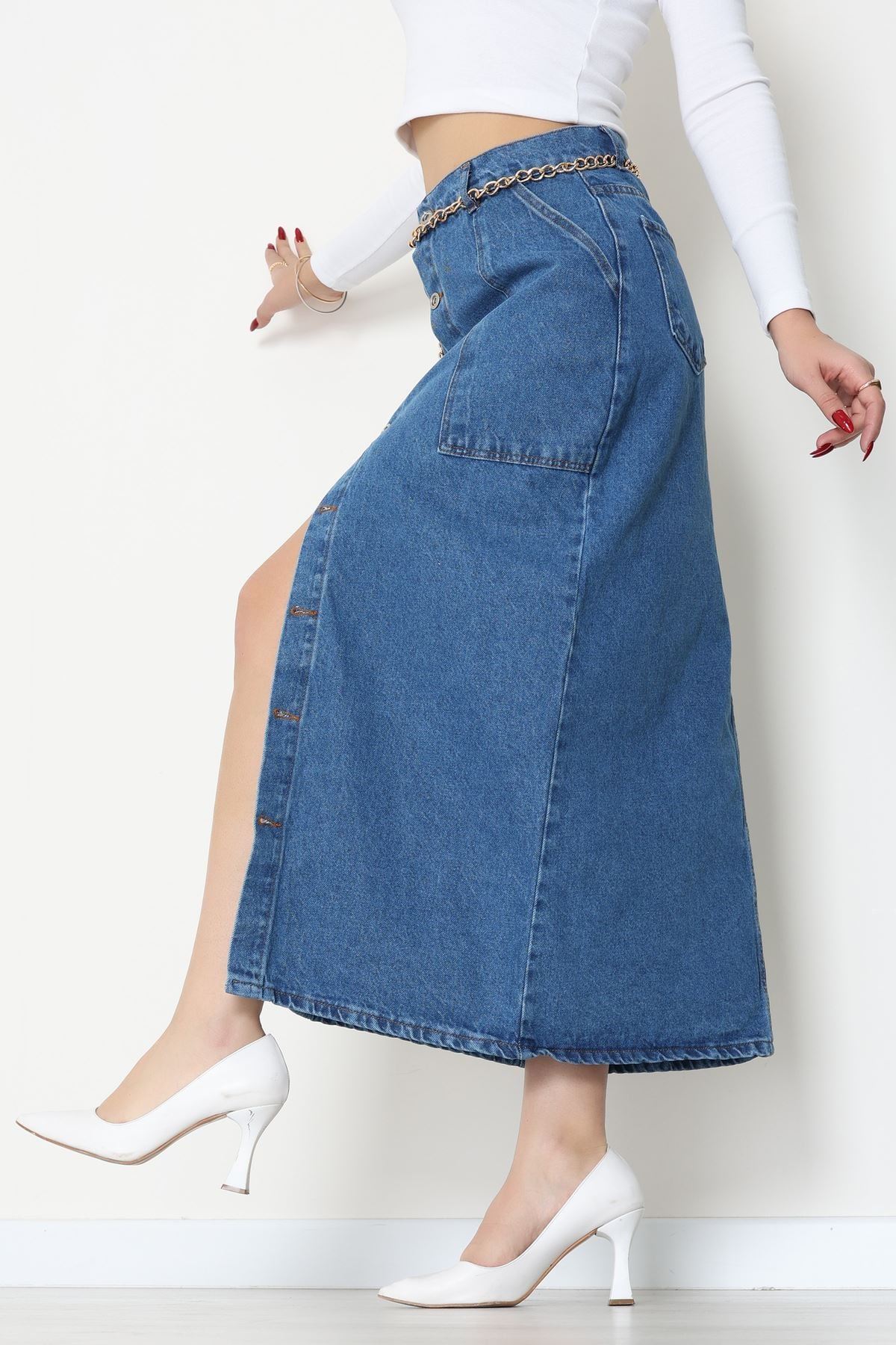 Düğmeli Kot Etek Mavi - 31555.2088.