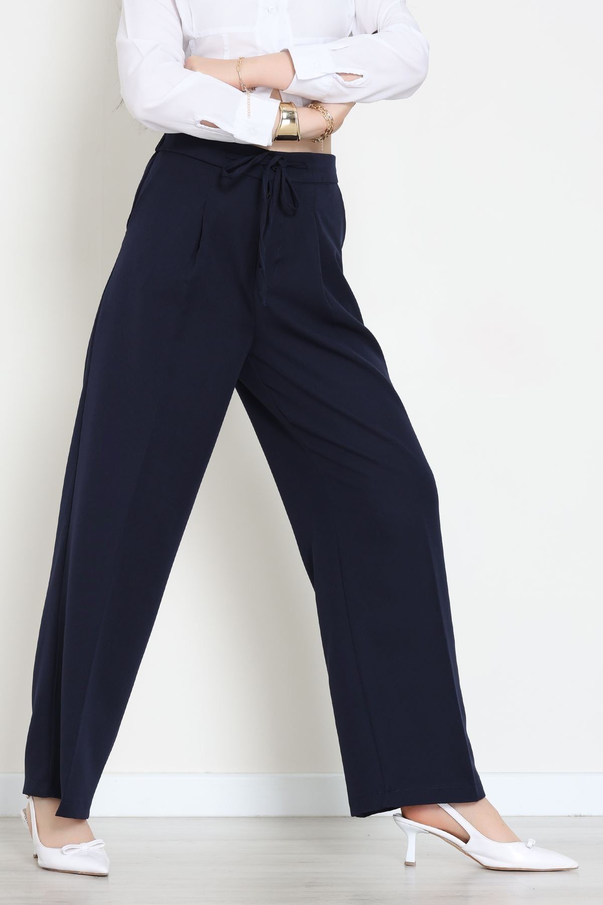 Dabıl Kumaş Beli Bağcıklı Pantolon Lacivert - 51615.683.