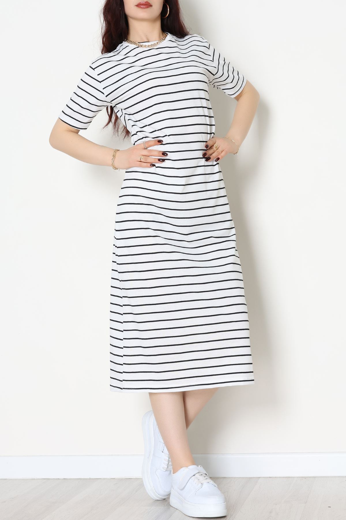 Bisiklet Yaka Süprem Penye Elbise Beyazsiyah - 70824.1567.